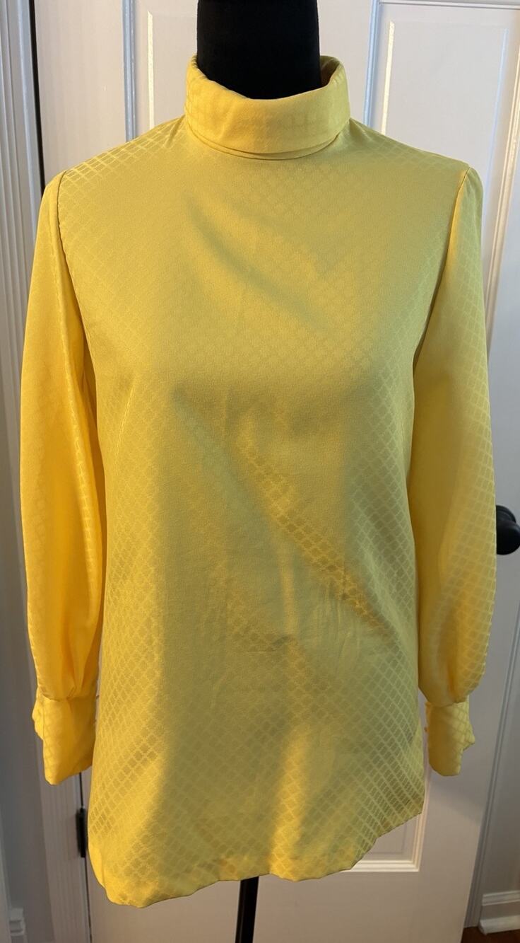 Vintage Mardi Modes Blouse Womens Small? Yellow Satin High Neck Back Zip Tunic